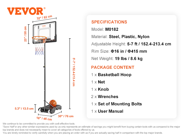 VEVOR basketball hoop with adjustable height, dimensions, and package contents detailed alongside.