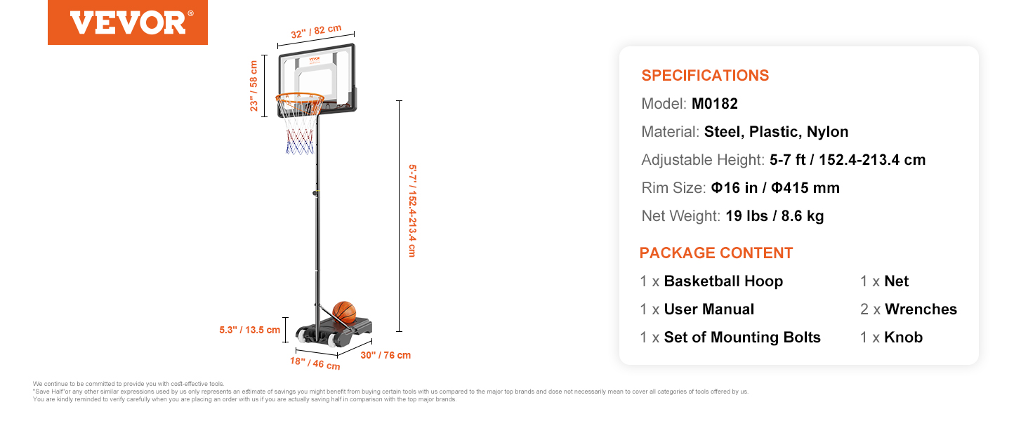 VEVOR basketball hoop with adjustable height, dimensions, and package contents detailed alongside.