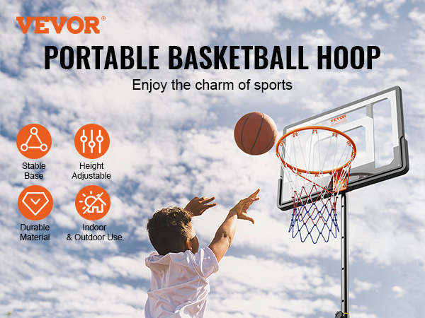 man shooting basketball towards a height adjustable VEVOR basketball hoop with stable base, under a blue sky.
