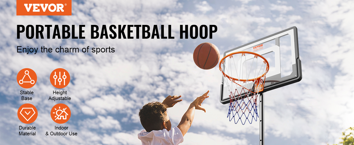 man shooting basketball towards a height adjustable VEVOR basketball hoop with stable base, under a blue sky.