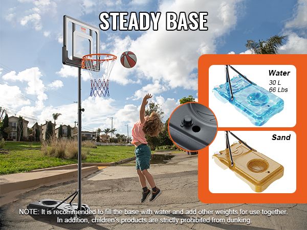 child playing basketball outdoors using the VEVOR basketball hoop with a sturdy base option for water or sand.