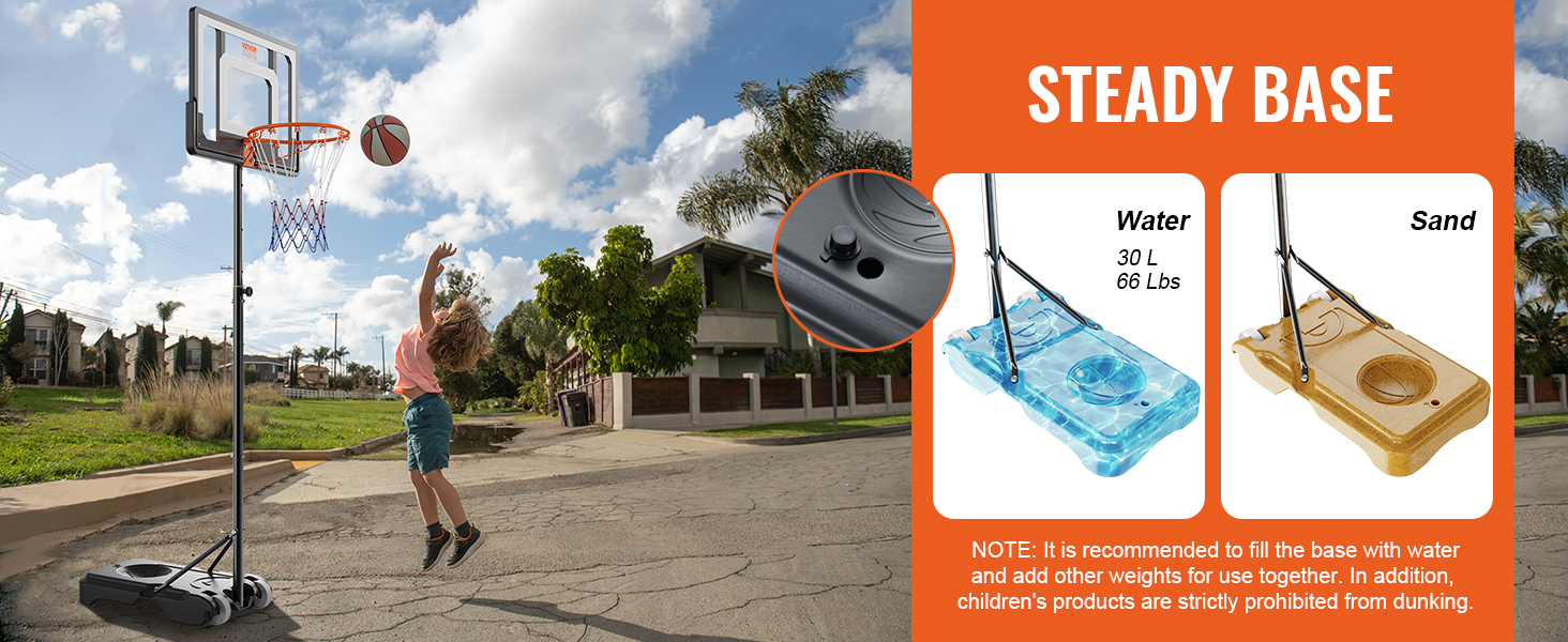 child playing basketball outdoors using the VEVOR basketball hoop with a sturdy base option for water or sand.