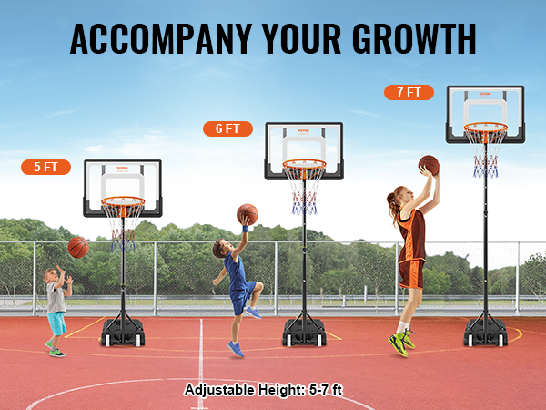 VEVOR basketball hoop with adjustable height from 5 to 7 feet, perfect for kids' outdoor play.