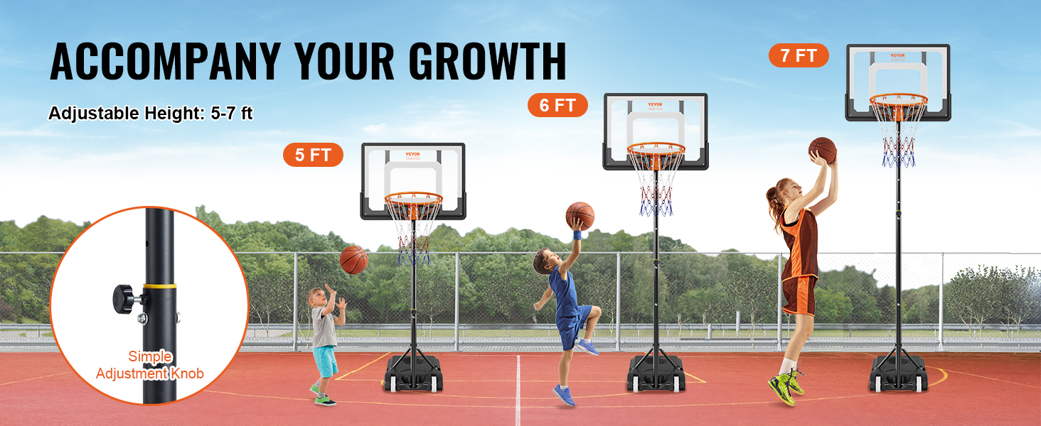 VEVOR basketball hoop with adjustable height from 5 to 7 feet, perfect for kids' outdoor play.