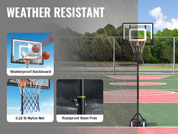 VEVOR basketball hoop with premium pc backboard, 0.22 lb nylon net, and rustproof steel pole in the rain.
