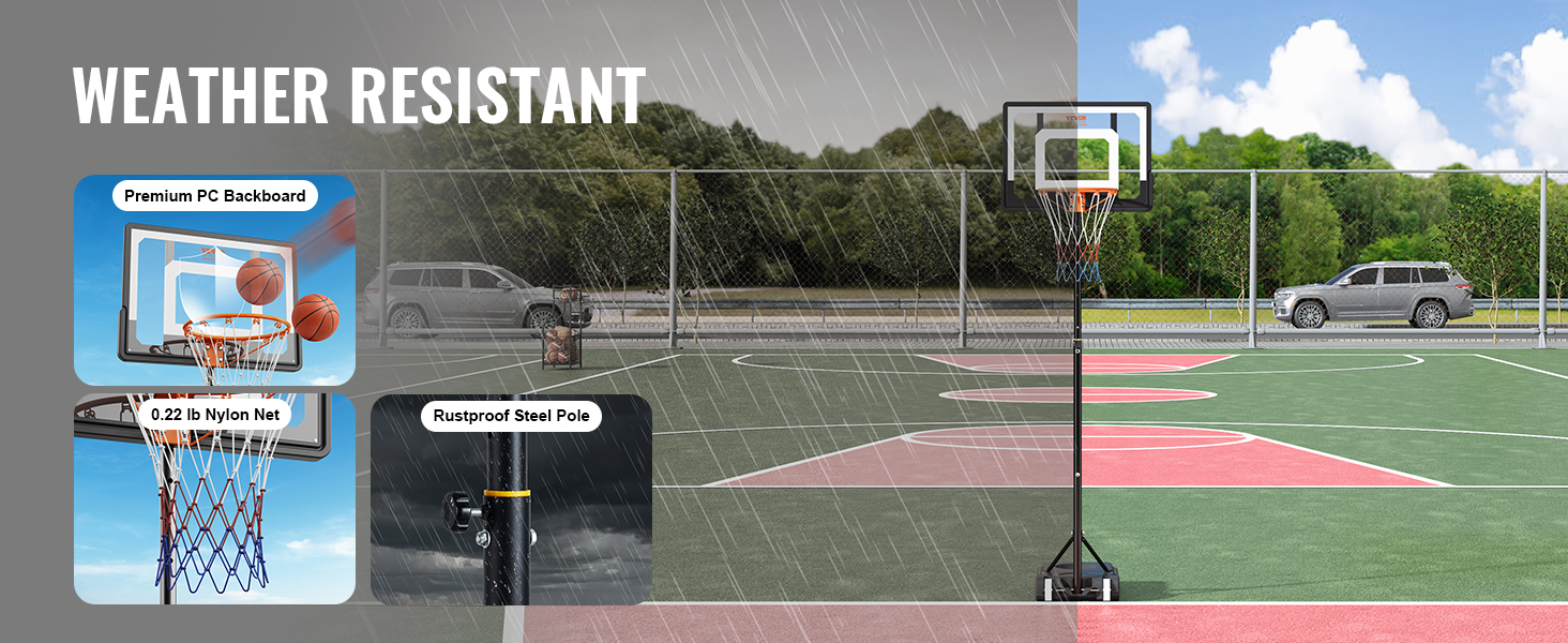 VEVOR basketball hoop with premium pc backboard, 0.22 lb nylon net, and rustproof steel pole in the rain.