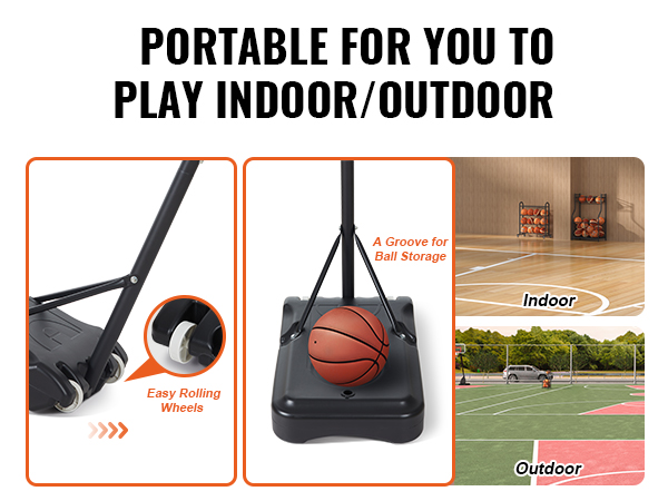portable VEVOR basketball hoop for indoor and outdoor use with easy rolling wheels and ball storage.