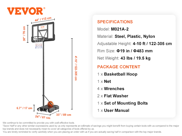 VEVOR basketball hoop, adjustable height 4-10 ft, rim size ø19 in, steel-plastic-nylon, package contents.