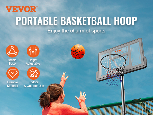 VEVOR basketball hoop with height adjustable, stable base, durable material, for indoor & outdoor use