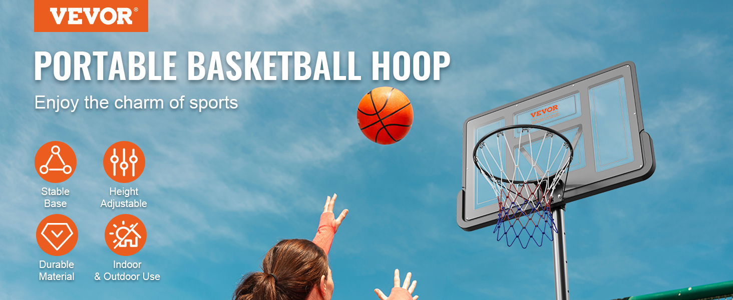 VEVOR basketball hoop with height adjustable, stable base, durable material, for indoor & outdoor use
