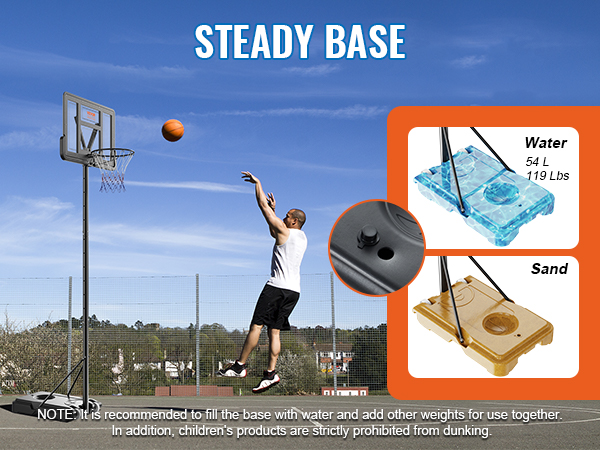 VEVOR basketball hoop with adjustable height and steady base for water or sand, ideal for outdoor games.