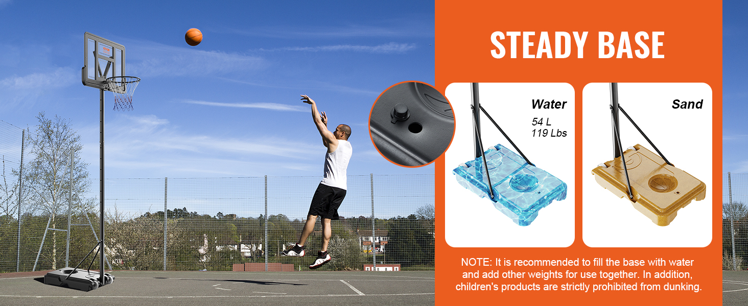 VEVOR basketball hoop with adjustable height and steady base for water or sand, ideal for outdoor games.