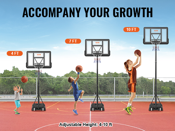 VEVOR basketball hoop adjustable height from 4 to 10 feet with kids playing on a court.
