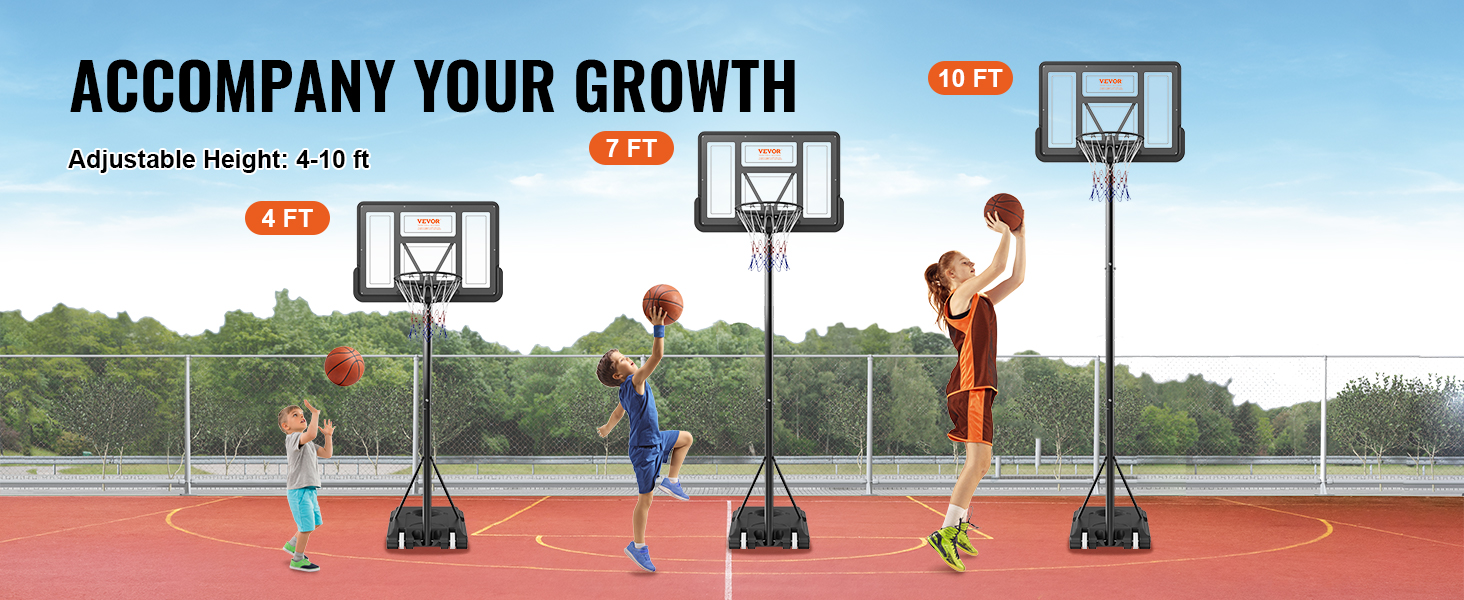 VEVOR basketball hoop adjustable height from 4 to 10 feet with kids playing on a court.