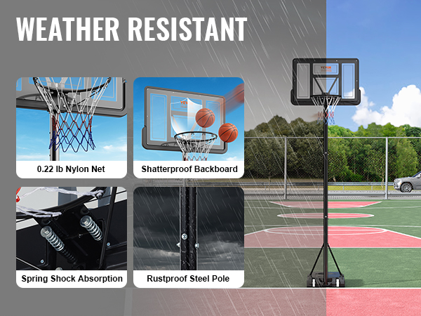 VEVOR basketball hoop with nylon net, pc backboard, shock absorption, and rustproof steel pole