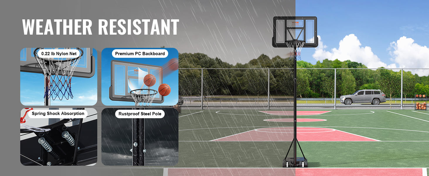 VEVOR basketball hoop with nylon net, pc backboard, shock absorption, and rustproof steel pole