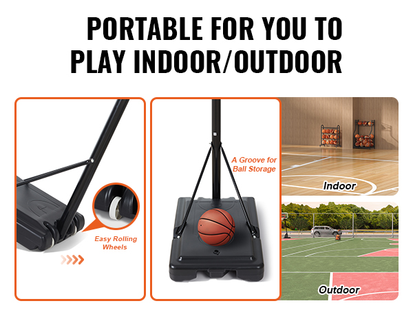 portable VEVOR basketball hoop for indoor and outdoor use, featuring easy rolling wheels and ball storage.