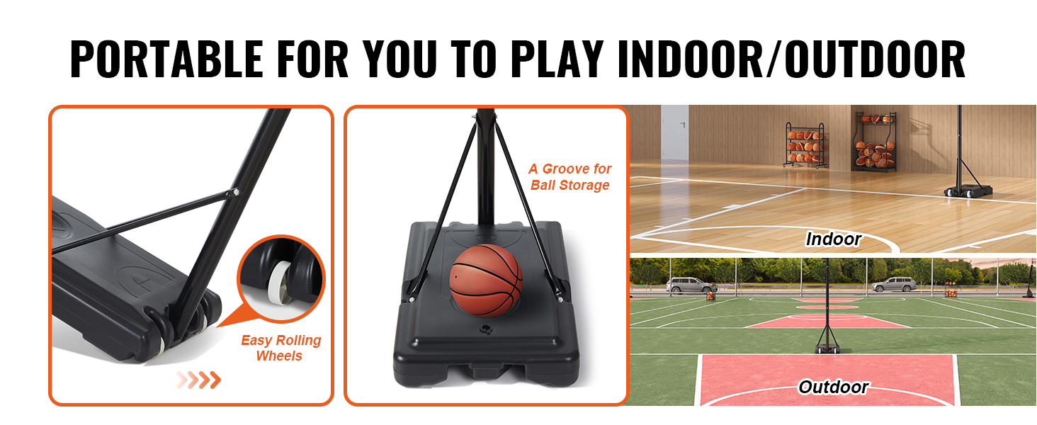 portable VEVOR basketball hoop for indoor and outdoor use, featuring easy rolling wheels and ball storage.