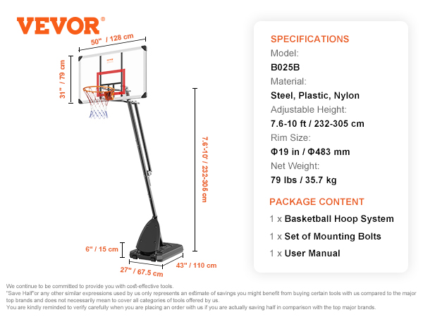 VEVOR basketball hoop with adjustable height, 50" backboard, and sturdy base with specifications listed.