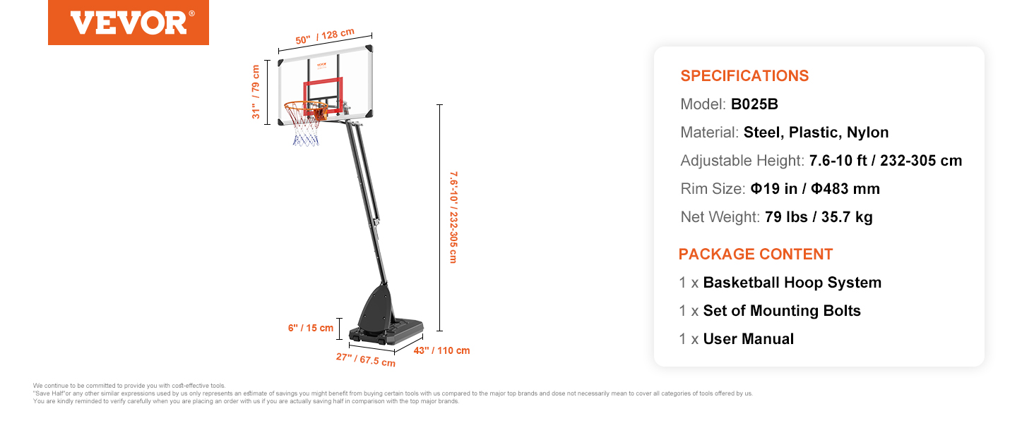 VEVOR basketball hoop with adjustable height, 50" backboard, and sturdy base with specifications listed.
