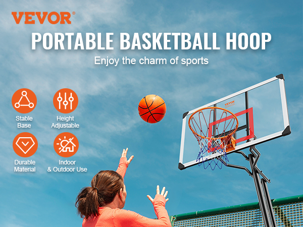 VEVOR basketball hoop with stable base, height adjustable, durable material, for indoor and outdoor use.