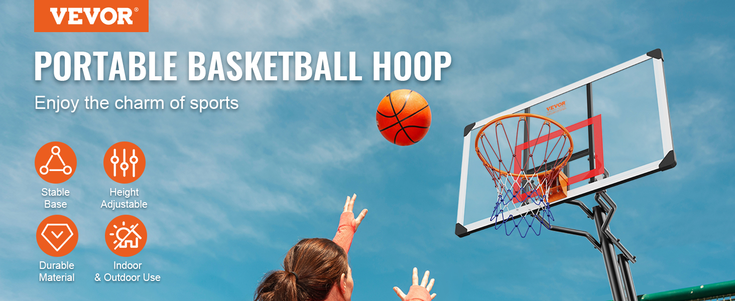 VEVOR basketball hoop with stable base, height adjustable, durable material, for indoor and outdoor use.