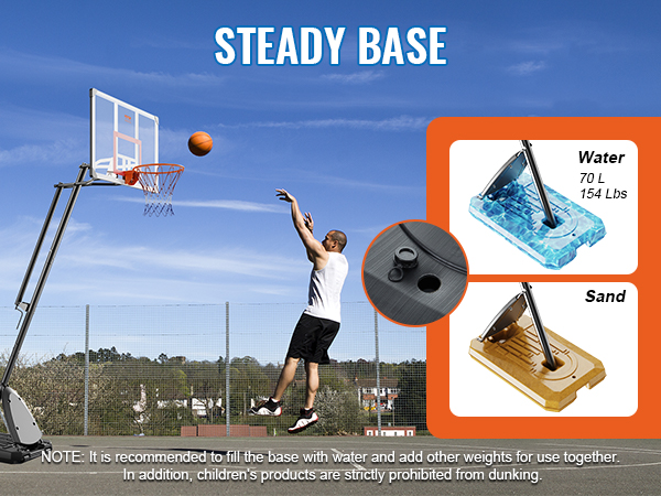 VEVOR basketball hoop on a concrete court with a player aiming a shot, featuring a fillable base with water or sand.