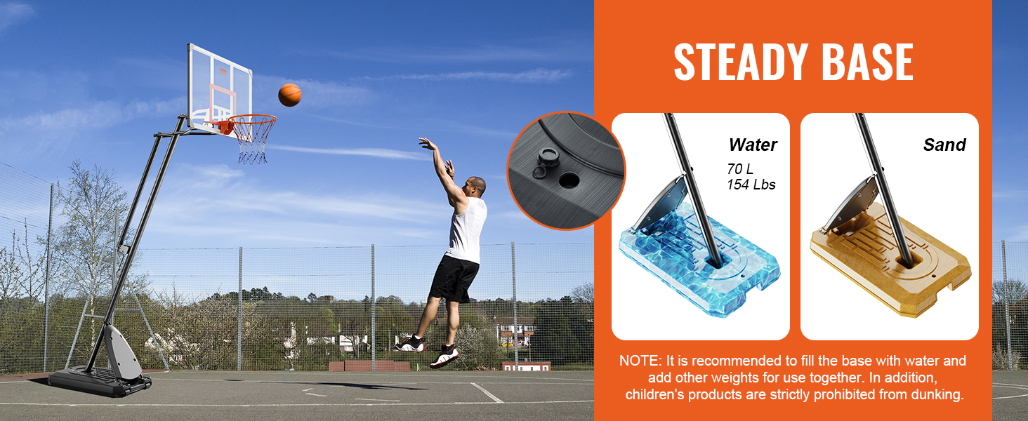 VEVOR basketball hoop on a concrete court with a player aiming a shot, featuring a fillable base with water or sand.