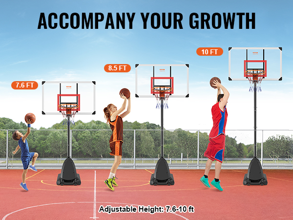 adjustable VEVOR basketball hoop with height settings from 7.6 to 10 feet and easy hand lift.