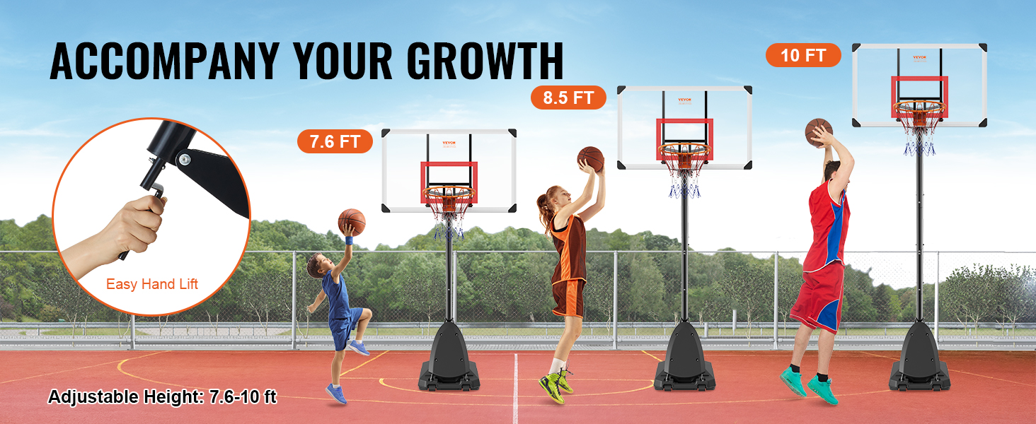 adjustable VEVOR basketball hoop with height settings from 7.6 to 10 feet and easy hand lift.