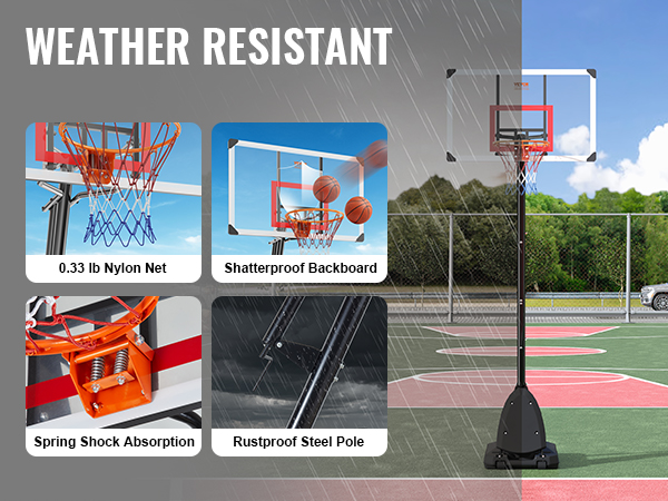 weather-resistant VEVOR basketball hoop on court with shatterproof backboard and rustproof steel pole.