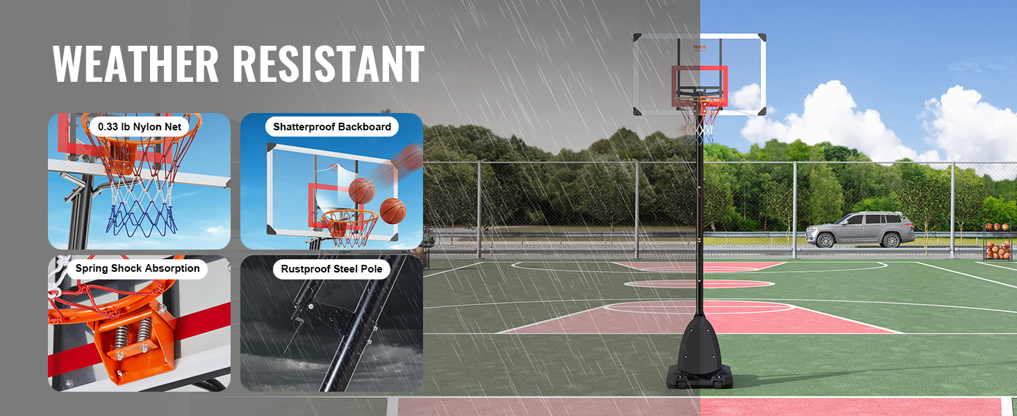 weather-resistant VEVOR basketball hoop on court with shatterproof backboard and rustproof steel pole.