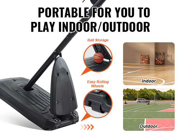 VEVOR basketball hoop with ball storage, easy rolling wheels, and indoor-outdoor usability.