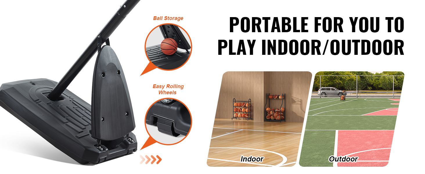 VEVOR basketball hoop with ball storage, easy rolling wheels, and indoor-outdoor usability.