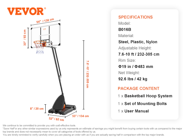 VEVOR basketball hoop with adjustable height, steel, plastic, nylon materials; model b016b.
