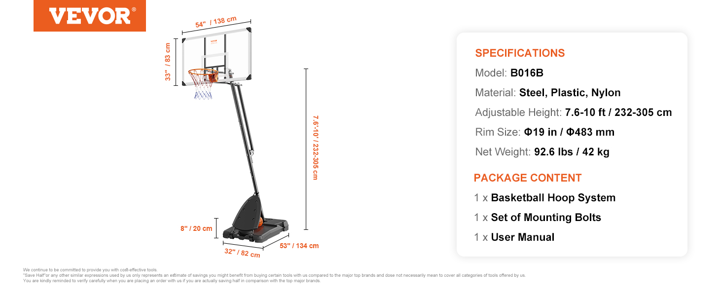 VEVOR basketball hoop with adjustable height, steel, plastic, nylon materials; model b016b.