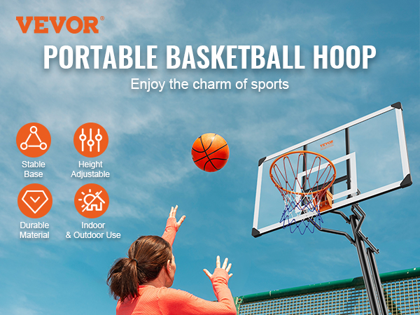 VEVOR basketball hoop in use with stable base, height adjustable, durable material, for indoor and outdoor play.