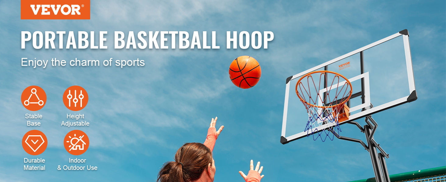 VEVOR basketball hoop in use with stable base, height adjustable, durable material, for indoor and outdoor play.