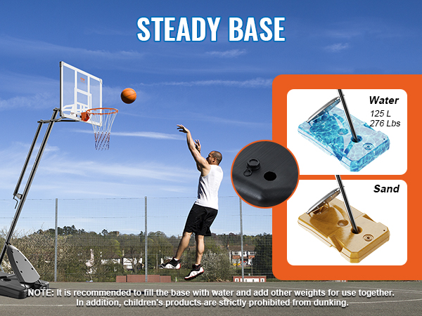 VEVOR basketball hoop with steady base options for water and sand, man shooting a basketball outdoors.