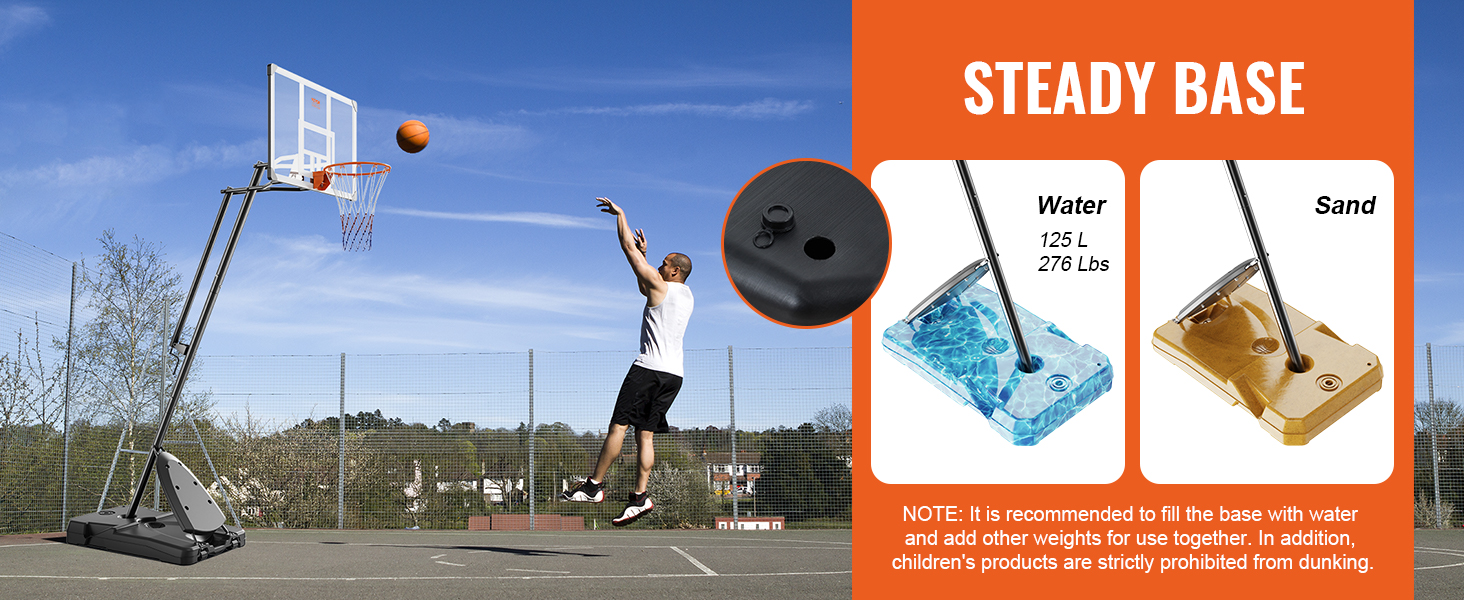 VEVOR basketball hoop with steady base options for water and sand, man shooting a basketball outdoors.