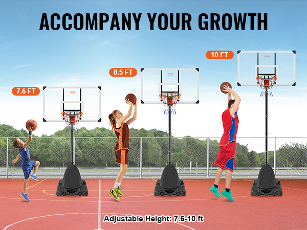 VEVOR basketball hoop with adjustable height from 7.6 to 10 ft, featuring easy hand lift mechanism.