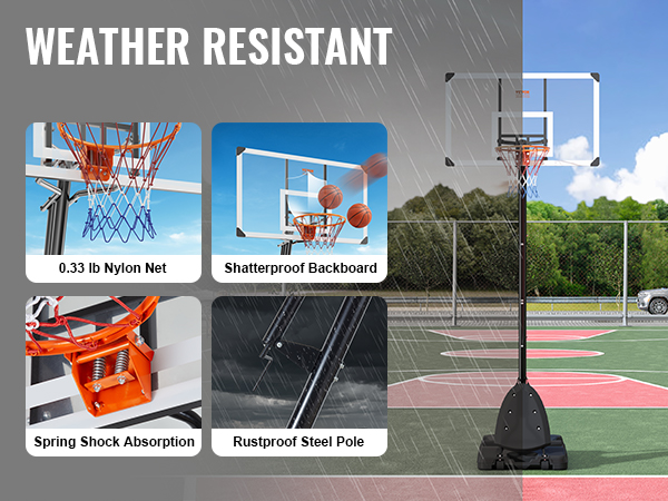 VEVOR basketball hoop with nylon net, shatterproof backboard, shock absorption, and rustproof steel pole in rain.