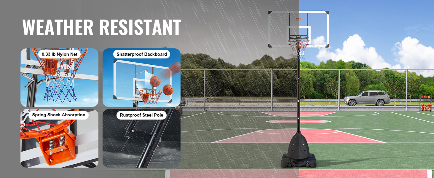 VEVOR basketball hoop with nylon net, shatterproof backboard, shock absorption, and rustproof steel pole in rain.