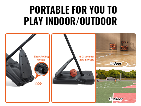 VEVOR basketball hoop with easy rolling wheels and ball storage, perfect for indoor and outdoor play.
