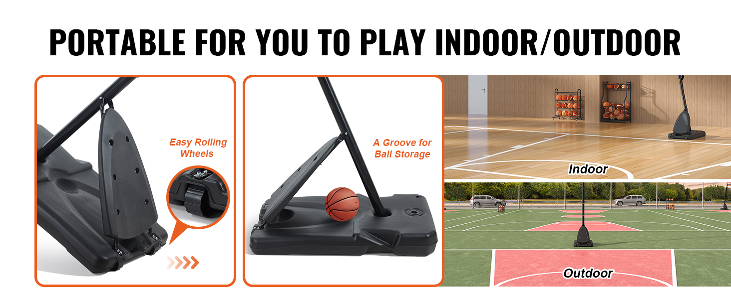 VEVOR basketball hoop with easy rolling wheels and ball storage, perfect for indoor and outdoor play.