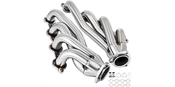 polished chrome VEVOR ls swap exhaust headers with accessory kit.