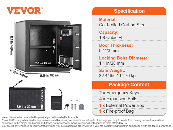 VEVOR home safe specifications and contents, including size, material, capacity, and included accessories.