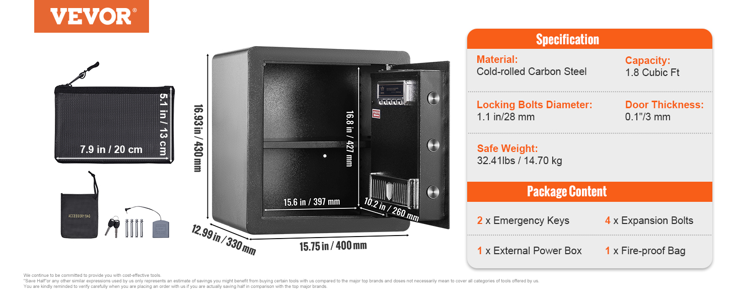 VEVOR home safe specifications and contents, including size, material, capacity, and included accessories.