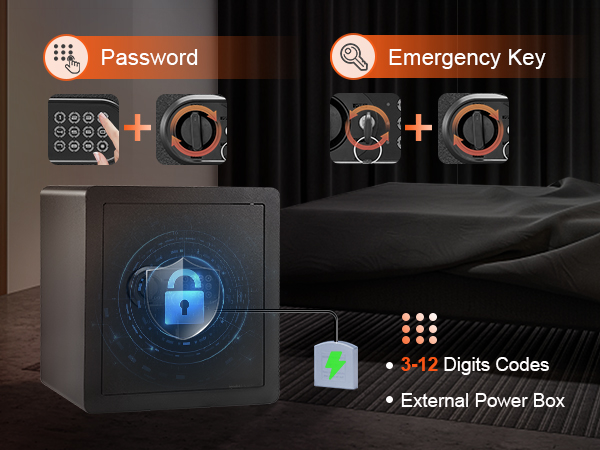 VEVOR namuose saugus su skaitmenine klaviatūra, avarinio iškvietimo mygtukas, išorinis maitinimo lauke, ir 3-12 skaitmenų kodą.