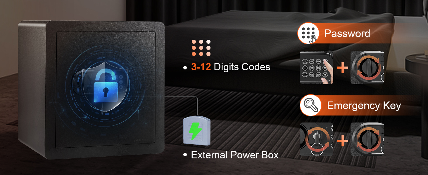 VEVOR namuose saugus su skaitmenine klaviatūra, avarinio iškvietimo mygtukas, išorinis maitinimo lauke, ir 3-12 skaitmenų kodą.